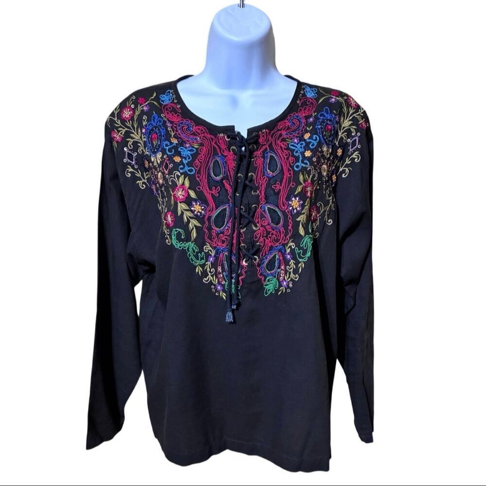 VTG TOGETHER Laced Embroidered Peasant Top M Boho Festival Folk Artisan Hippie